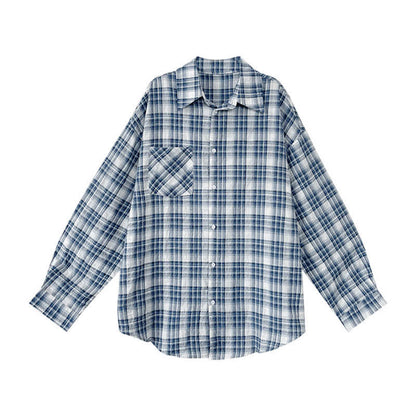 Blue Plaid Print Pocket Long Sleeve Lapel Shirt W724