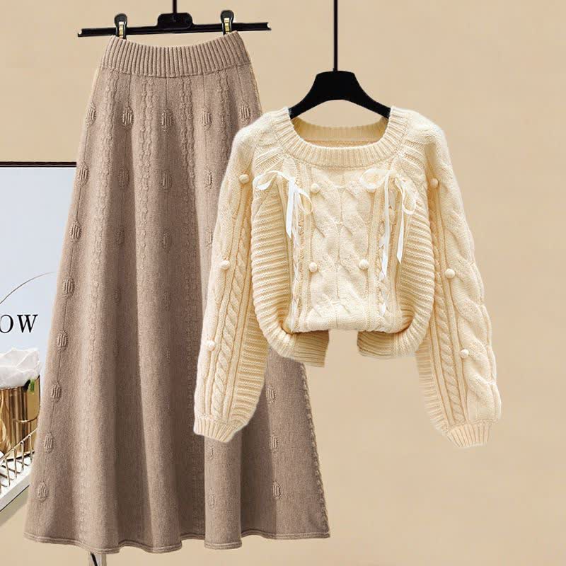 Pills Decor Cable Knit Sweater Skirt Set