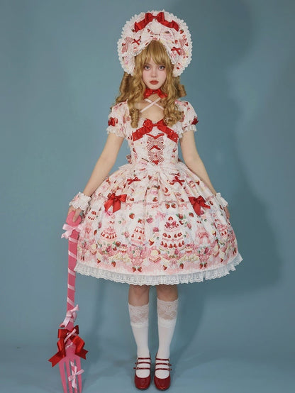 White Strawberry / Accents Sweet Set Dress Full Cake Print Lolita Bow