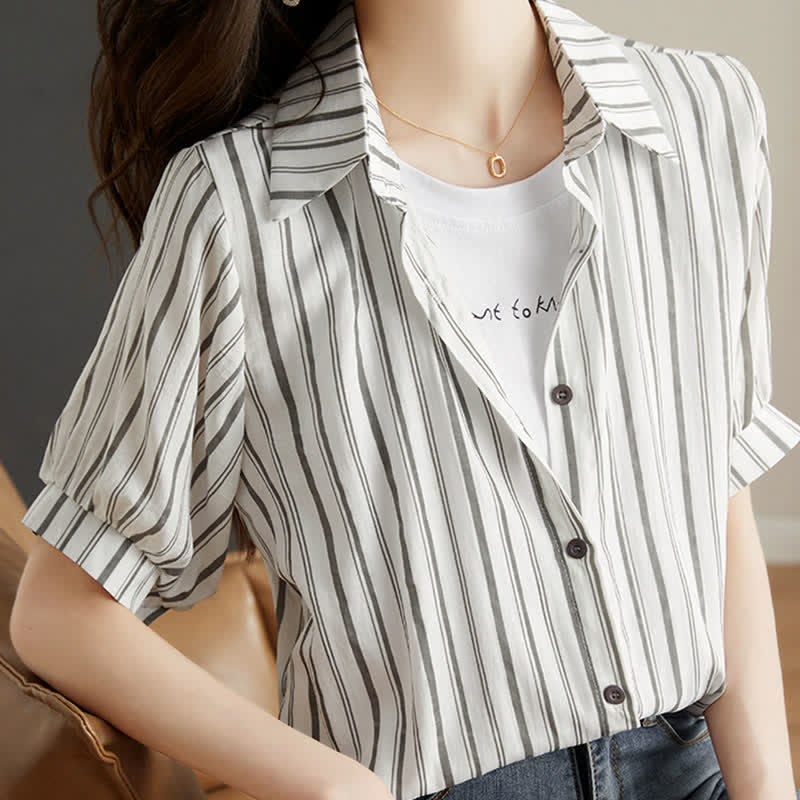 Fake Two Pieces Stripe Lapel T-Shirt Pocketed Denim Shorts