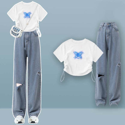 Butterfly Print Draw String T-Shirt Pocketed Cargo Pants