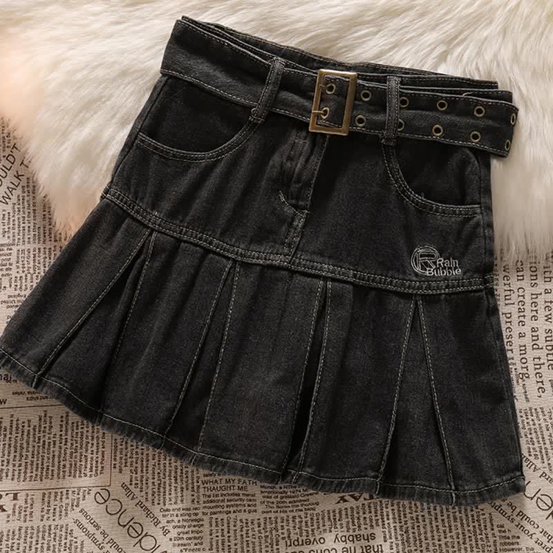 Star Letter Crop Top T-Shirt Belted Denim Skirt