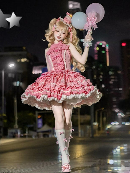 Neck Rose Skirt Sweet Ruffle Idol Lolita Accents Halter Dress Pink Bow Tiered