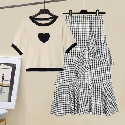 Love Heart Print T-Shirt Lattice Flouncing Split Skirt Set