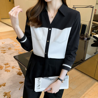 Elegant Colorblock Chiffon Shirt Workwear