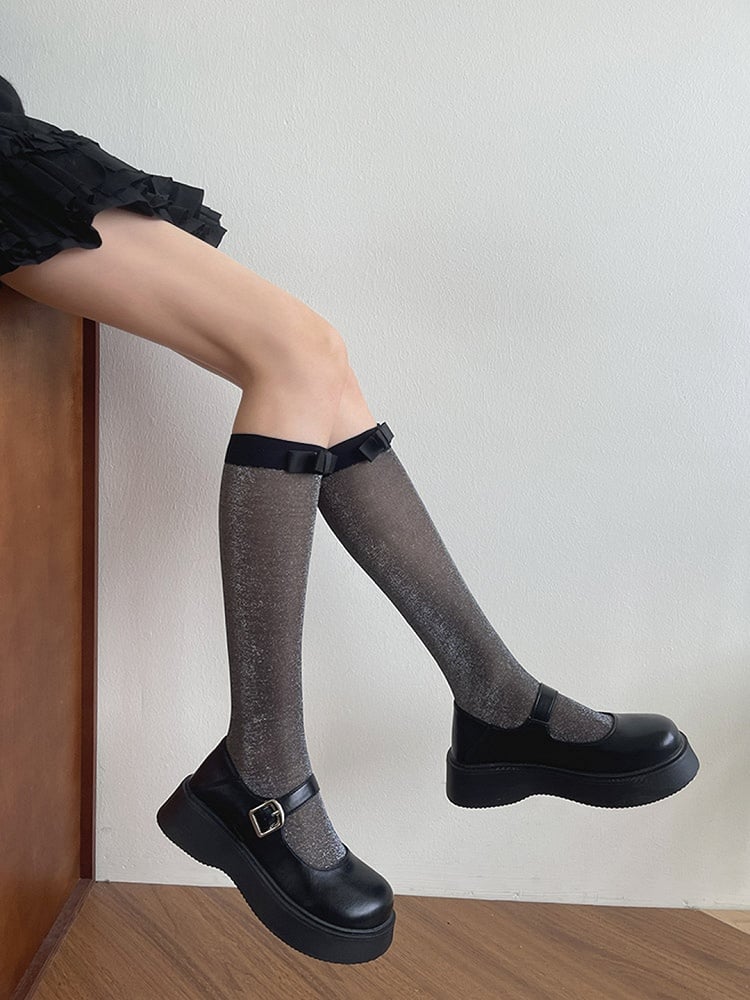 Details Stockings Underknee Light Semi-sheer Bowknot Grey/Black