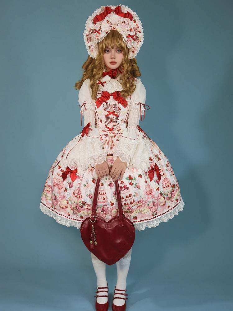 / Sweet Set Desserts Strawberry White Lolita JSK Print Bow and Full Accents