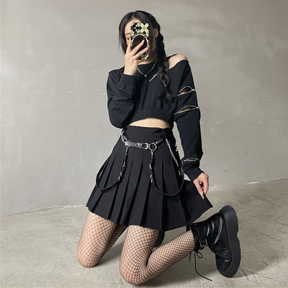 Y2K Zipper Short Sweatshirt Waistband Pleated Skirt Set