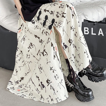 Elegant Character Print Buckle Split Skirt