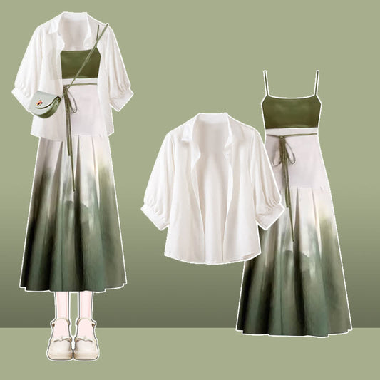 Spring Green Loose Lapel Shirt Vintage Print Slip Dress modakawa