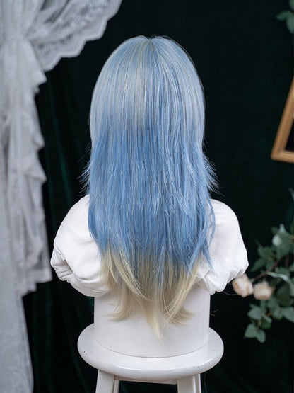 Length Hair Wig With 65CM Blue Cut Straight Color Bangs Hime Air Ombre