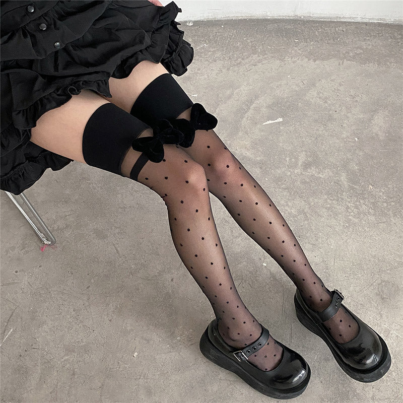 Black Bow Knot Decor Polka Dots Silk Stockings