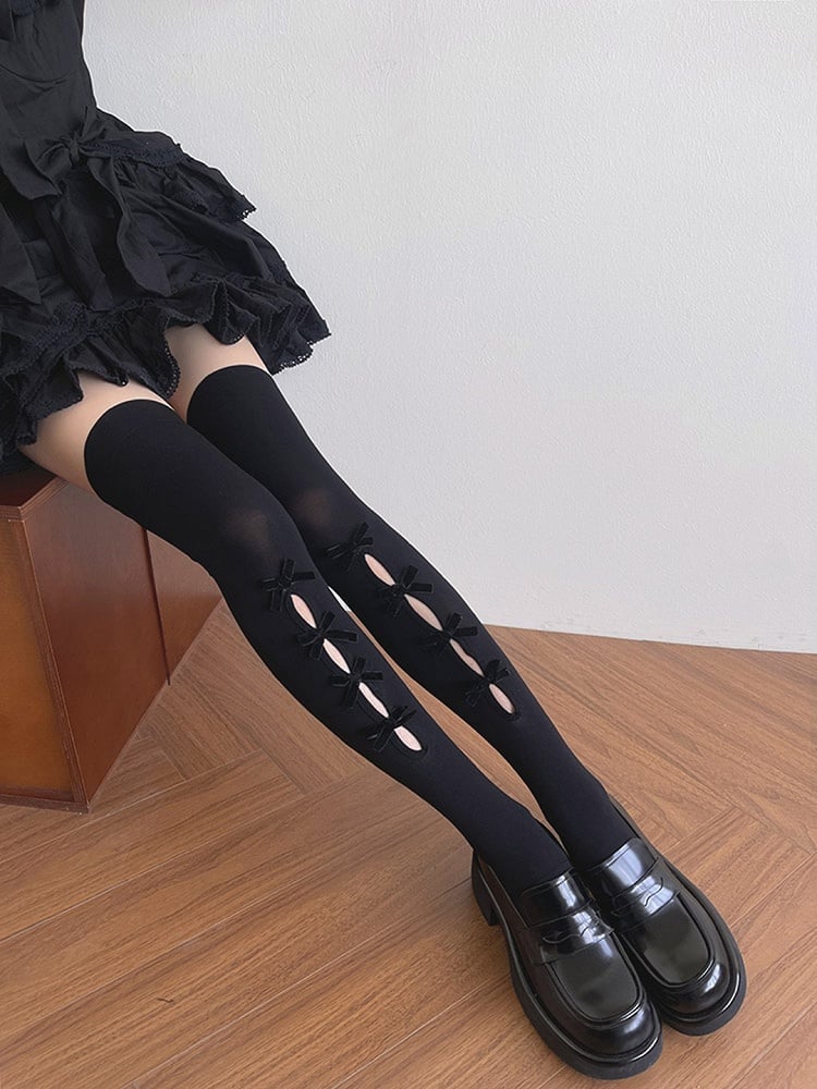 Stockings Cut-out Black/White Overknee Bowknot Design