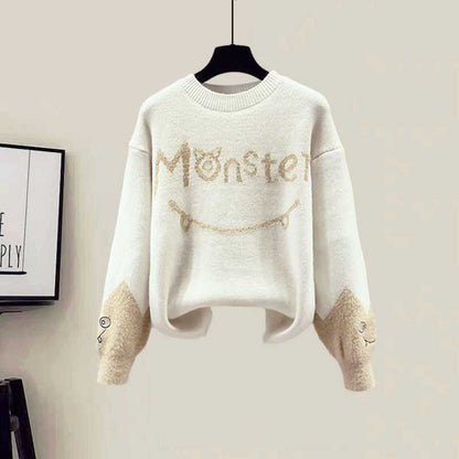 Monster Letter Sweater Fleece Vest Casual Pants Set