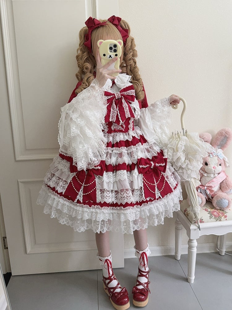 Lolita Tiered Decoration Big Hanayome Red Dress Skirt Bows