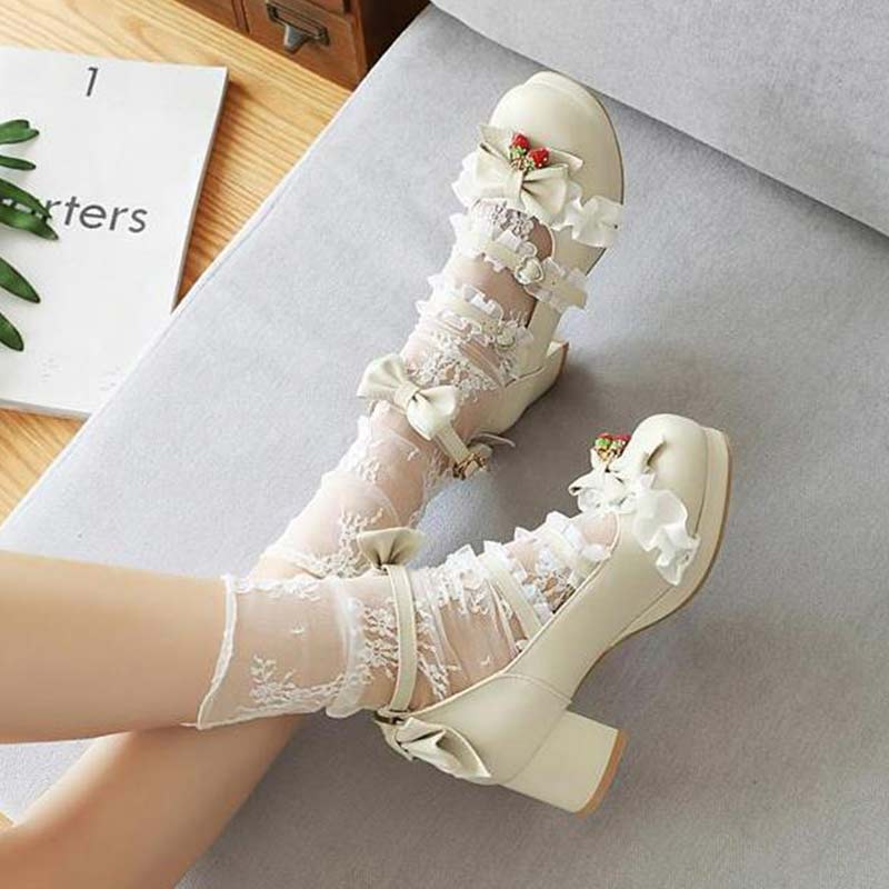 Kawaii Lace Bow Lolita Kitten Heel Mary Janes Shoes