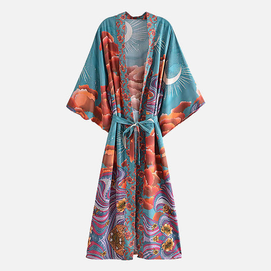 Boho Beach Moon Print Belt Robe Long Cardigan Kimono Outerwear