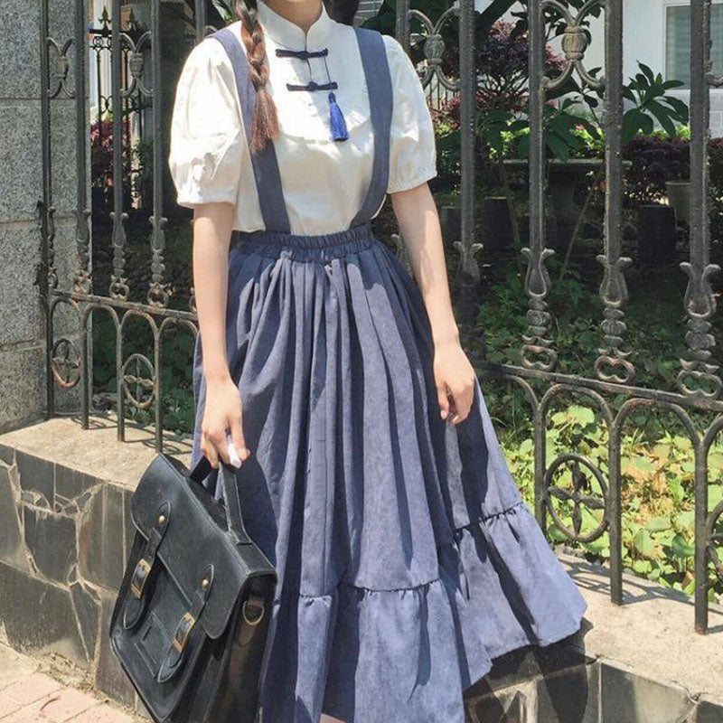 Vintage Buckle Tassel T-Shirt Suspender Skirt Set