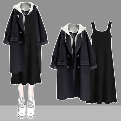 Black Colorblock Hooded Coat Knit Slip Dress