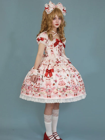 White Strawberry / Accents Sweet Set Dress Full Cake Print Lolita Bow