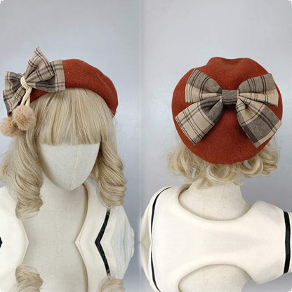 Vintage Bow Knot Plaid Lolita Beret