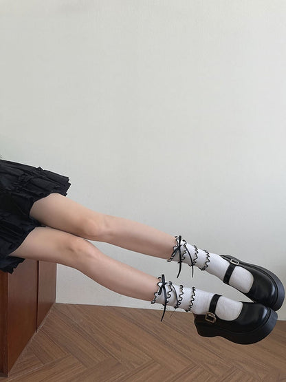 White Trims Tiered Socks Black Calf Bowknot With Ruffle