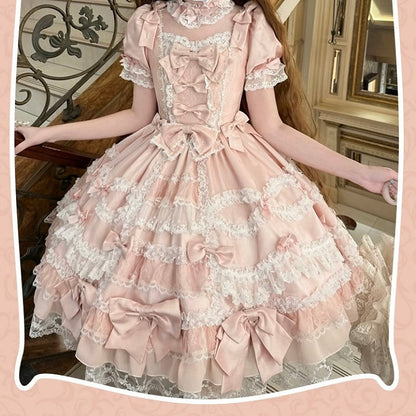 with Princess Pink Detachable High Dress Bow Accents Lolita Waist Sleeves Sweet