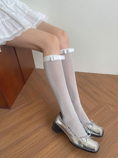 Details Stockings Underknee Light Semi-sheer Bowknot Grey/Black