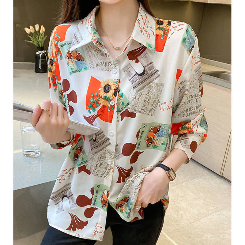 Chic Floral Letter Print Chiffon Shirt Workwear