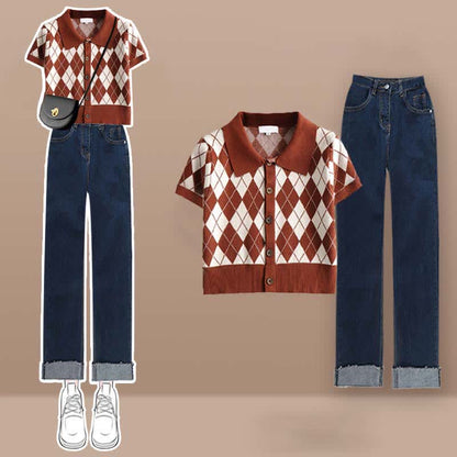 Rhombus Pattern Crop Top T-Shirt Denim Pants Set