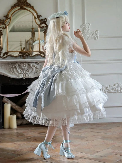 Dress JSK Decoration Hanayome Lolita Set Full Hime Skirt Tiered and White Blue Bows