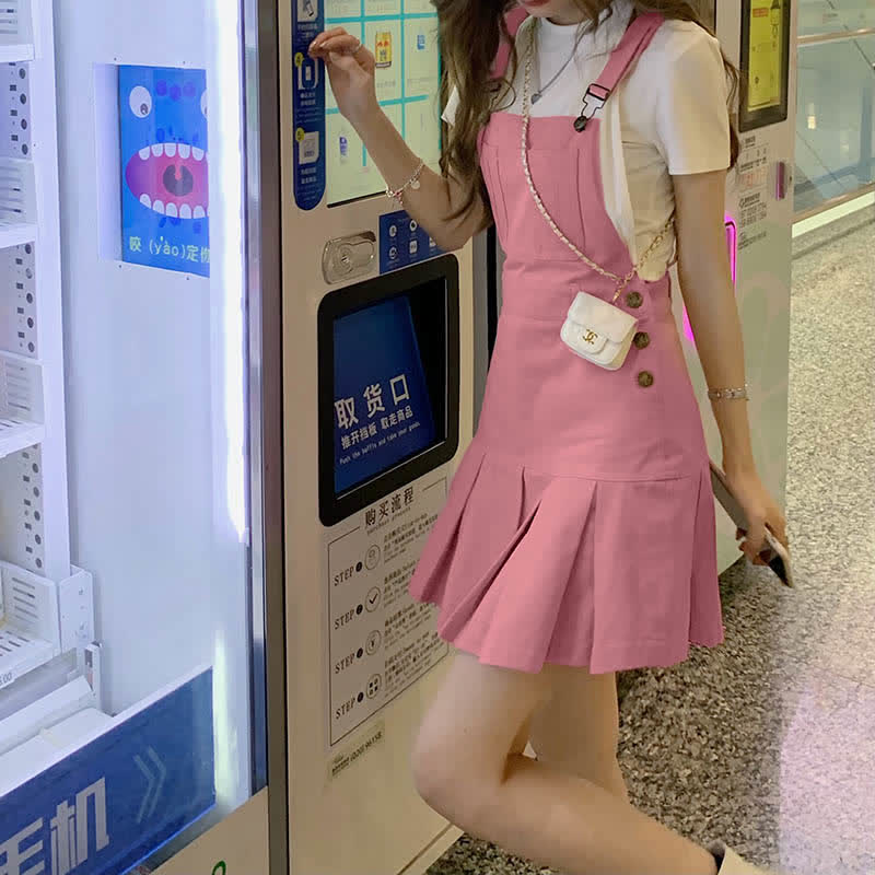 Sweet Irregular Shirt Pink Suspender Skirt