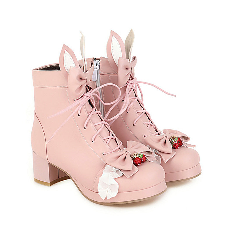 Sweet Strawberry Bow Lolita Lace Up Boots