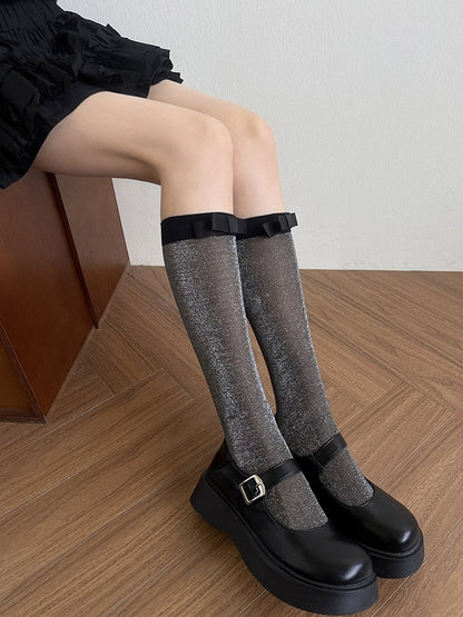 Details Stockings Underknee Light Semi-sheer Bowknot Grey/Black