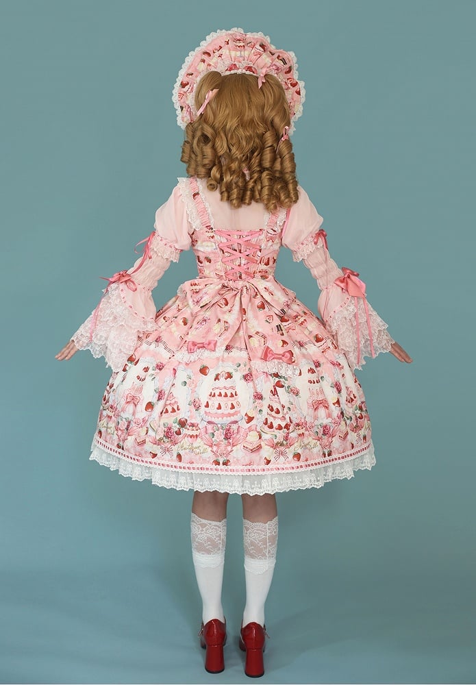 Pink Strawberry and Print JSK Full / Bow Sweet Set Lolita Desserts Accents
