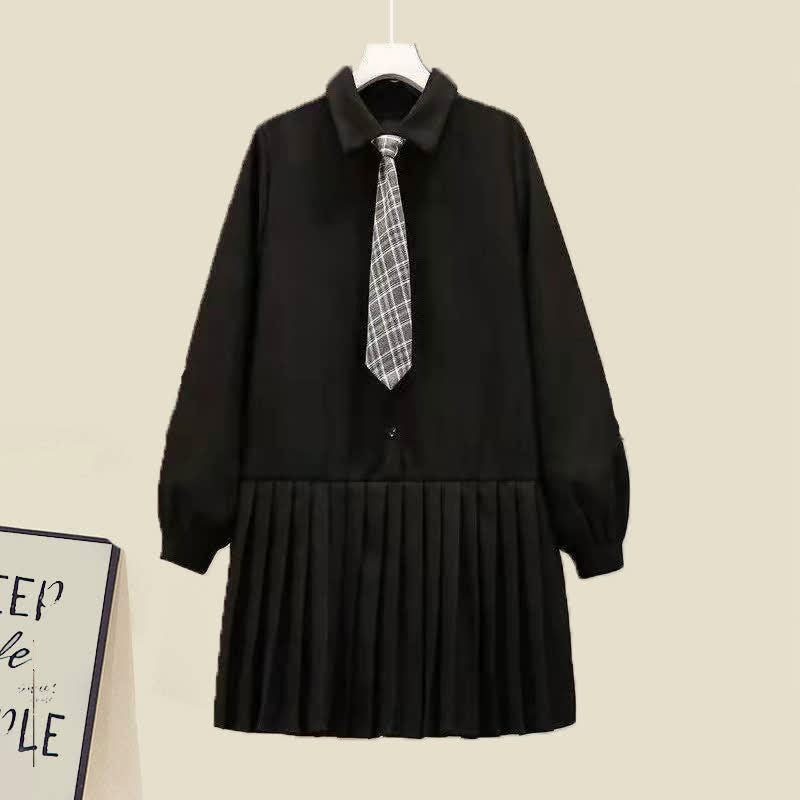 Preppy style Knit Vest Lapel Tie Pleated Shirt Dress Set