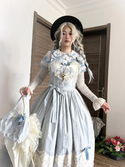 Blue Jumper Floral and Titmouse Print Skirt Lolita