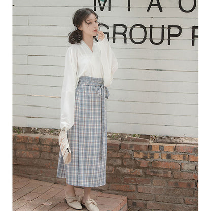 Vintage Plaid Belt Skirt Outerwear Four-piece Set