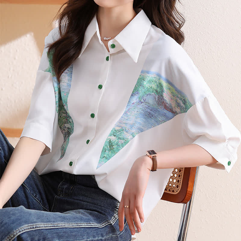 Chic Painting Print Chiffon Lapel Shirt