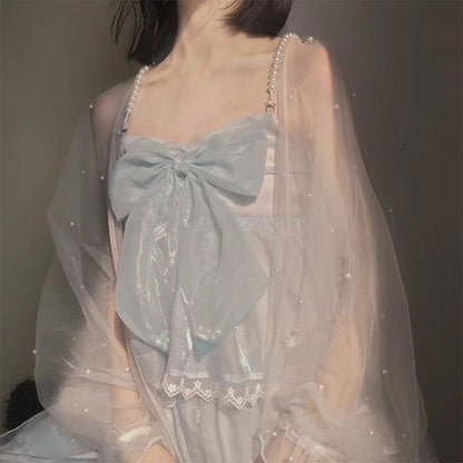 Fairy Pearl Decor Tulle Flouncing Sleeve Cardigan Shirt