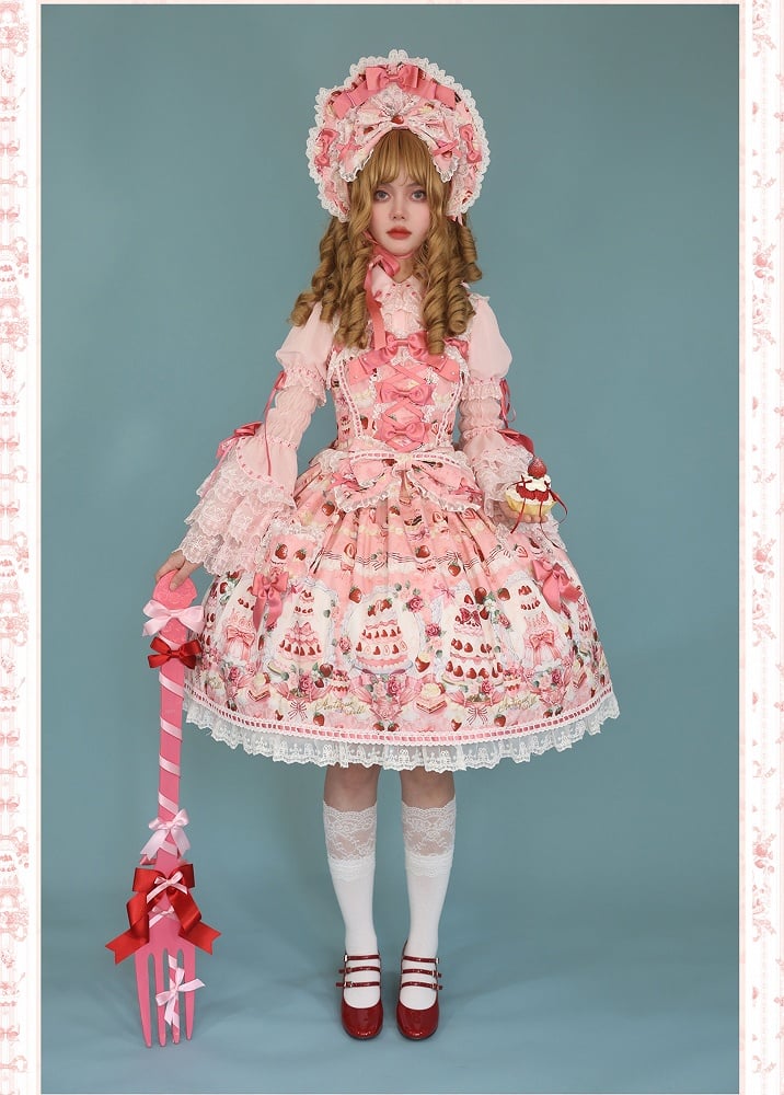Pink Strawberry and Print JSK Full / Bow Sweet Set Lolita Desserts Accents