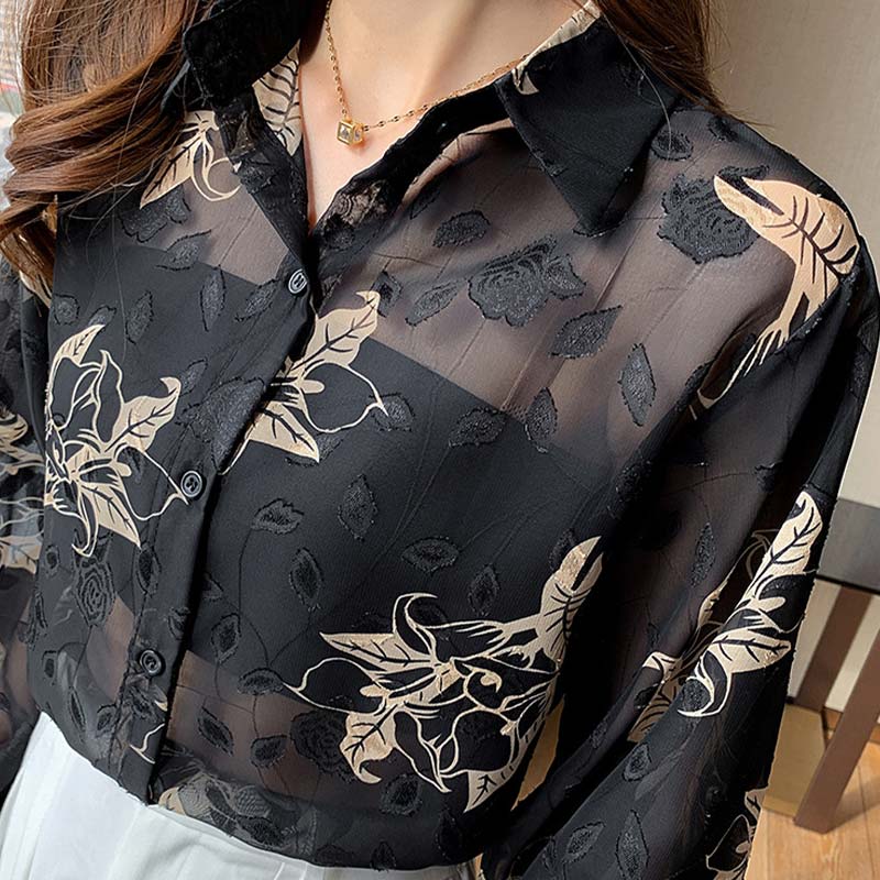 Black Floral Print Puff Sleeve Chiffon Shirt