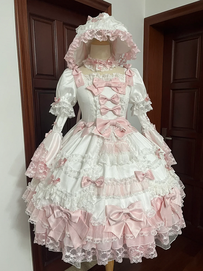 Detachable Princess Sakura Accents Sleeves with Waist Pink Lolita High Bow Sweet Dress White