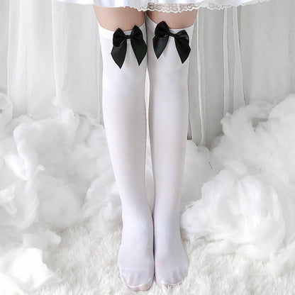 Bow Decor Pure Color Lolita Stockings