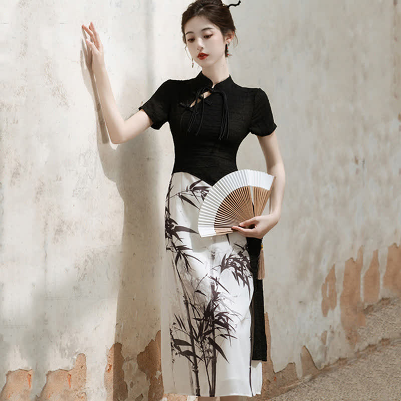 Vintage Bamboo Print Buckle Irregular Cheongsam Dress