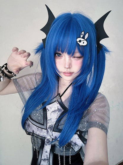 Bangs 63CM Straight Blue With Wig Length Full