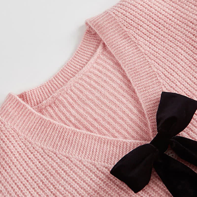 Pink Bow Knot Knit Cardigan Sweater Irregular Suspender Dress