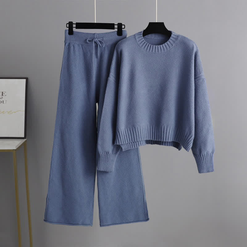 Pure Color Knit Sweater Wide Leg Pants Set