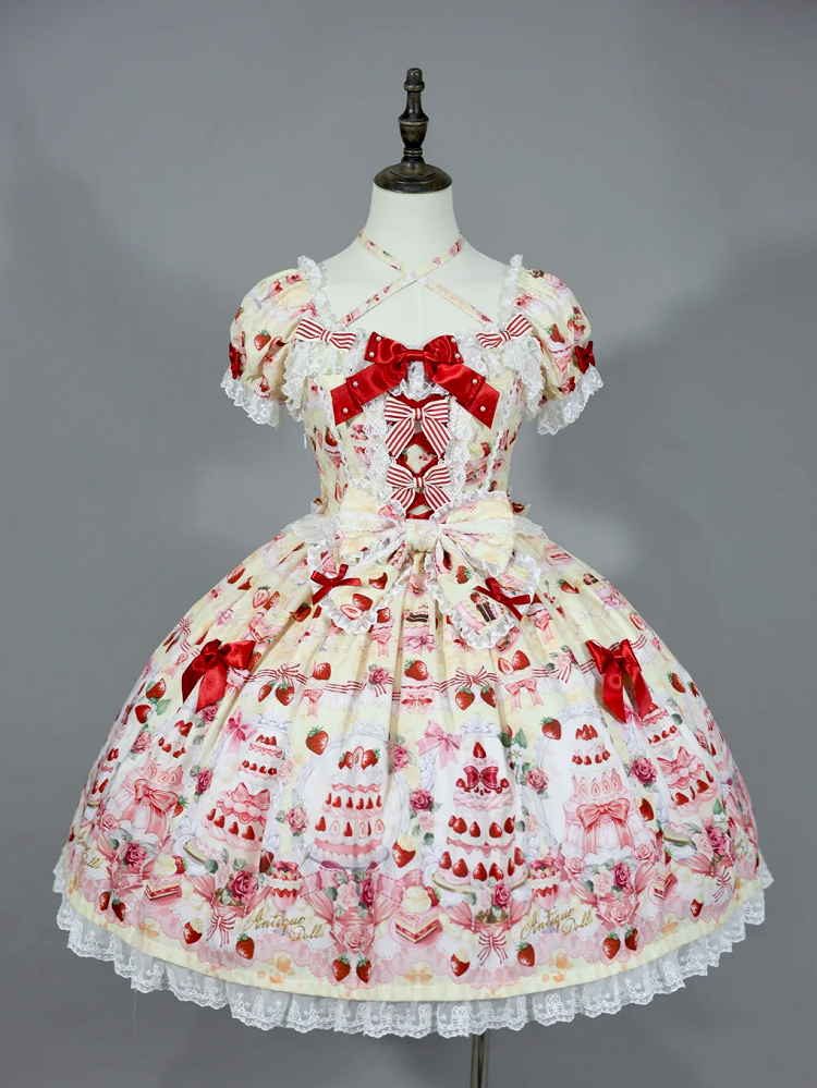 Yellow Sweet Set Lolita Full Strawberry Accents / Dress Print Cake Bow