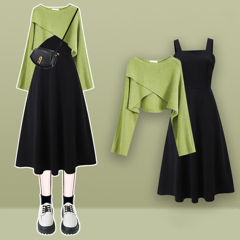 Green Cross Knit Crop Sweater A-line Slip Dress Wonderland Case Green Cross Knit Crop Sweater A-line Slip Dress Wonderland Case